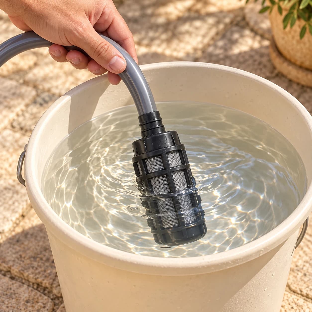 Mise en place du filtre du tuyau dans un seau d’eau propre